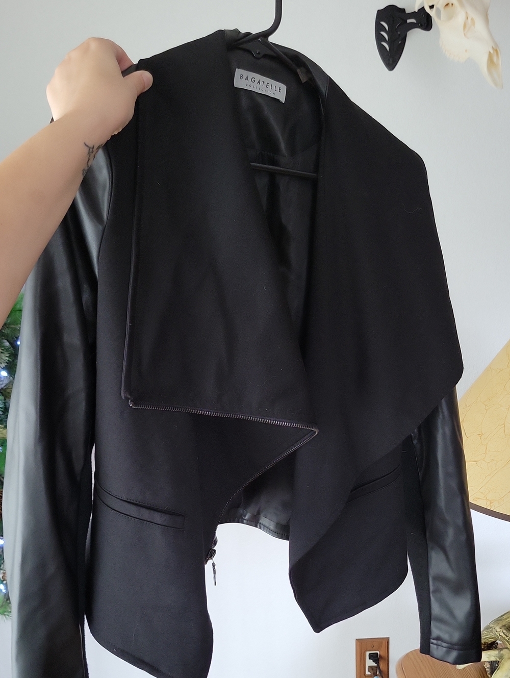 bagatelle Black Mixed-Media Draped Blazer with Faux Leather Sleeves